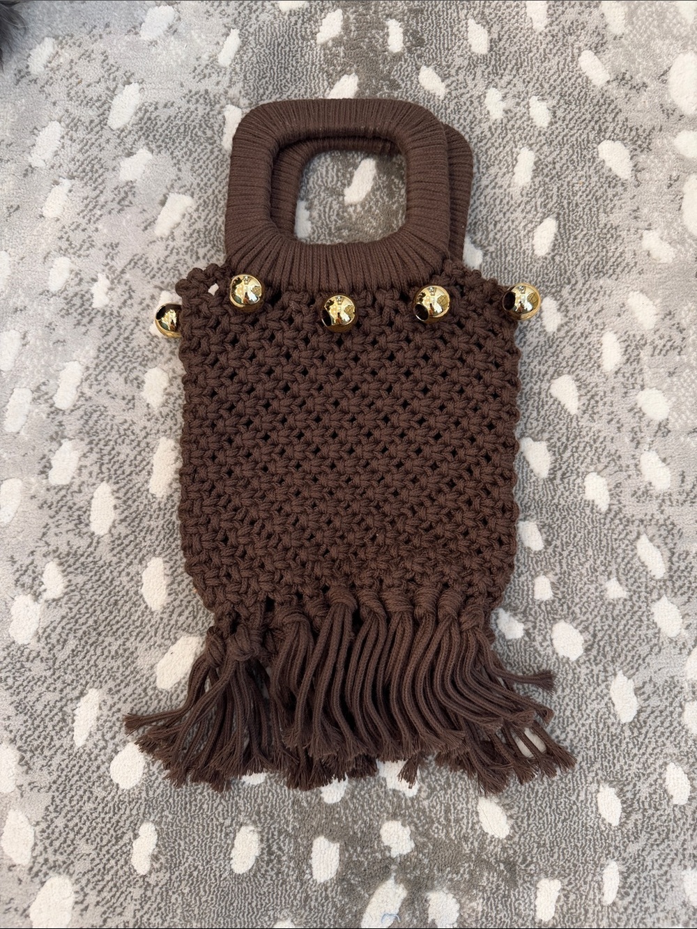LOFT Brown Crochet Fringe Mini Bag with Gold Accents